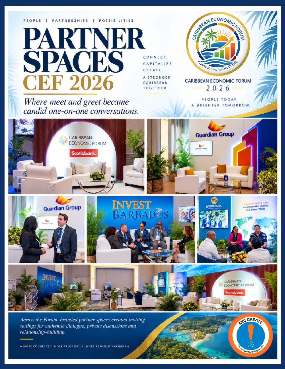 Partner Spaces spread: branded lounges for Scotiabank, Guardian Group, Invest Barbados and ANSA McAL where delegates met one-on-one