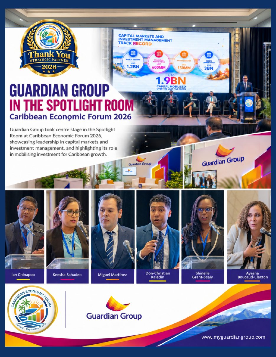 Guardian Group Spotlight Room spread: a capital-markets panel on stage and portraits of six speakers