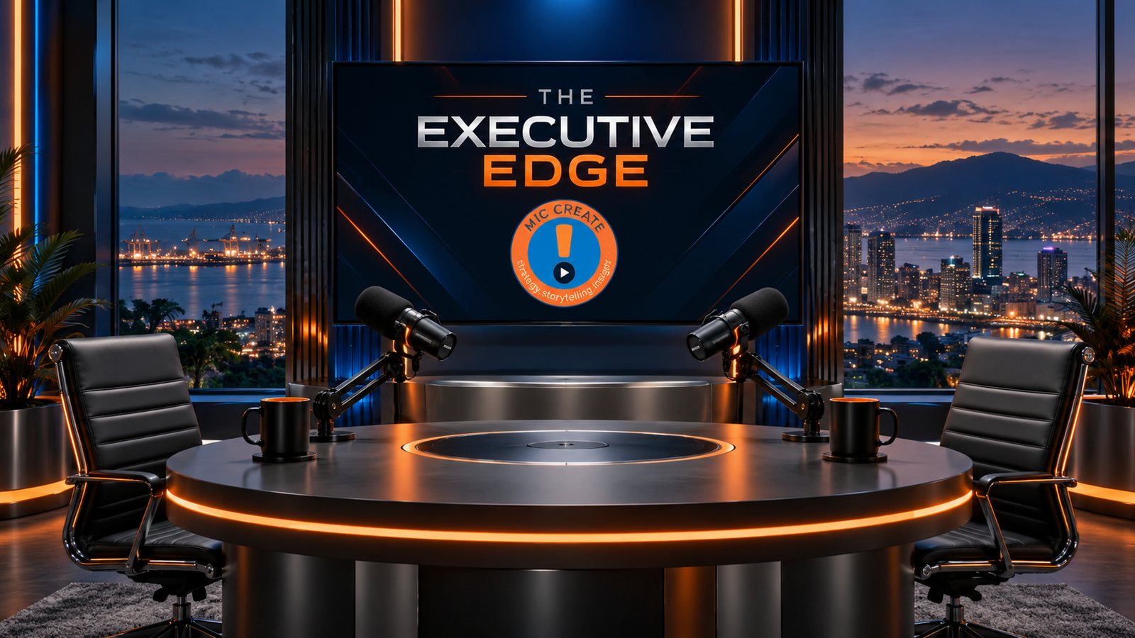 Podcast studio set for The Executive Edge — two microphones at a round desk, a harbour skyline at dusk behind