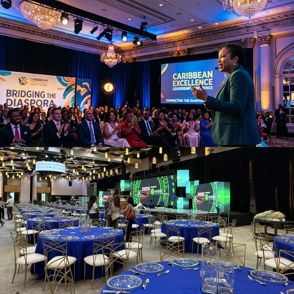 Speaker addressing a full Caribbean leadership conference, above a ballroom set with blue-draped gala tables facing an LED-screen stage