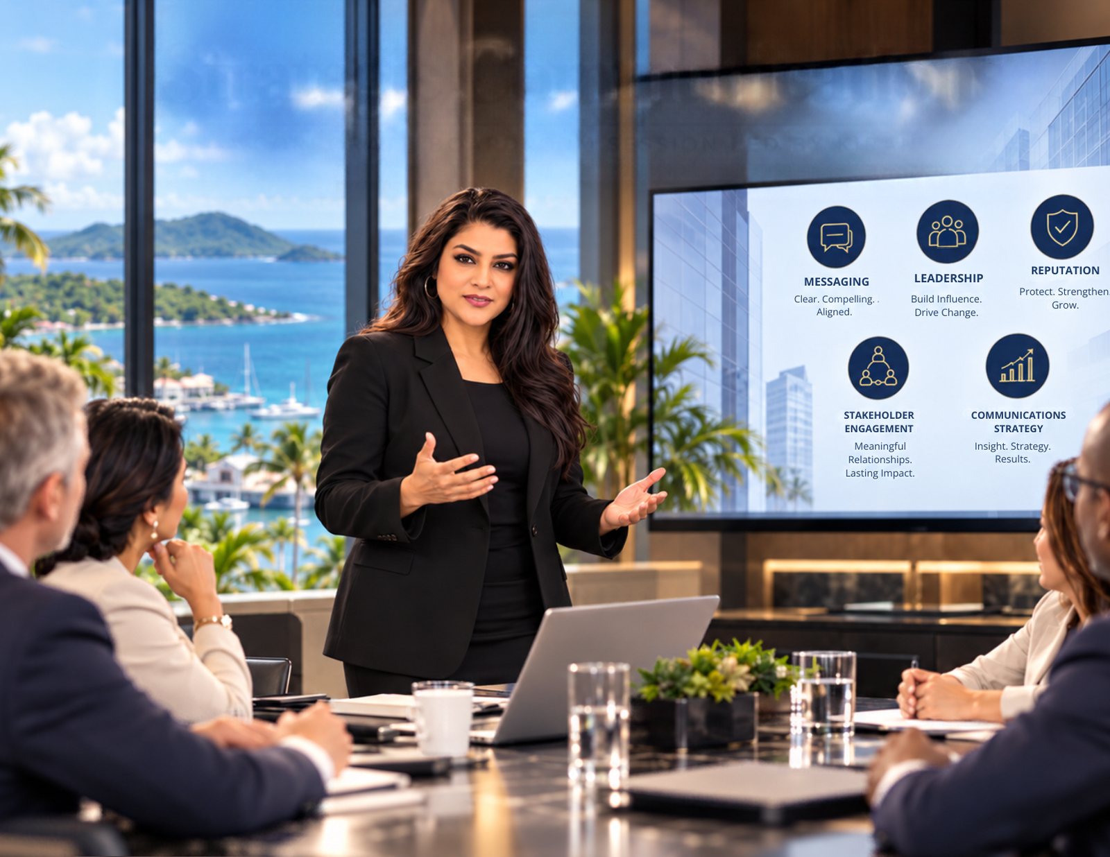 Consultant walking a boardroom team through a communications strategy on screen — messaging, leadership, reputation, stakeholder engagement